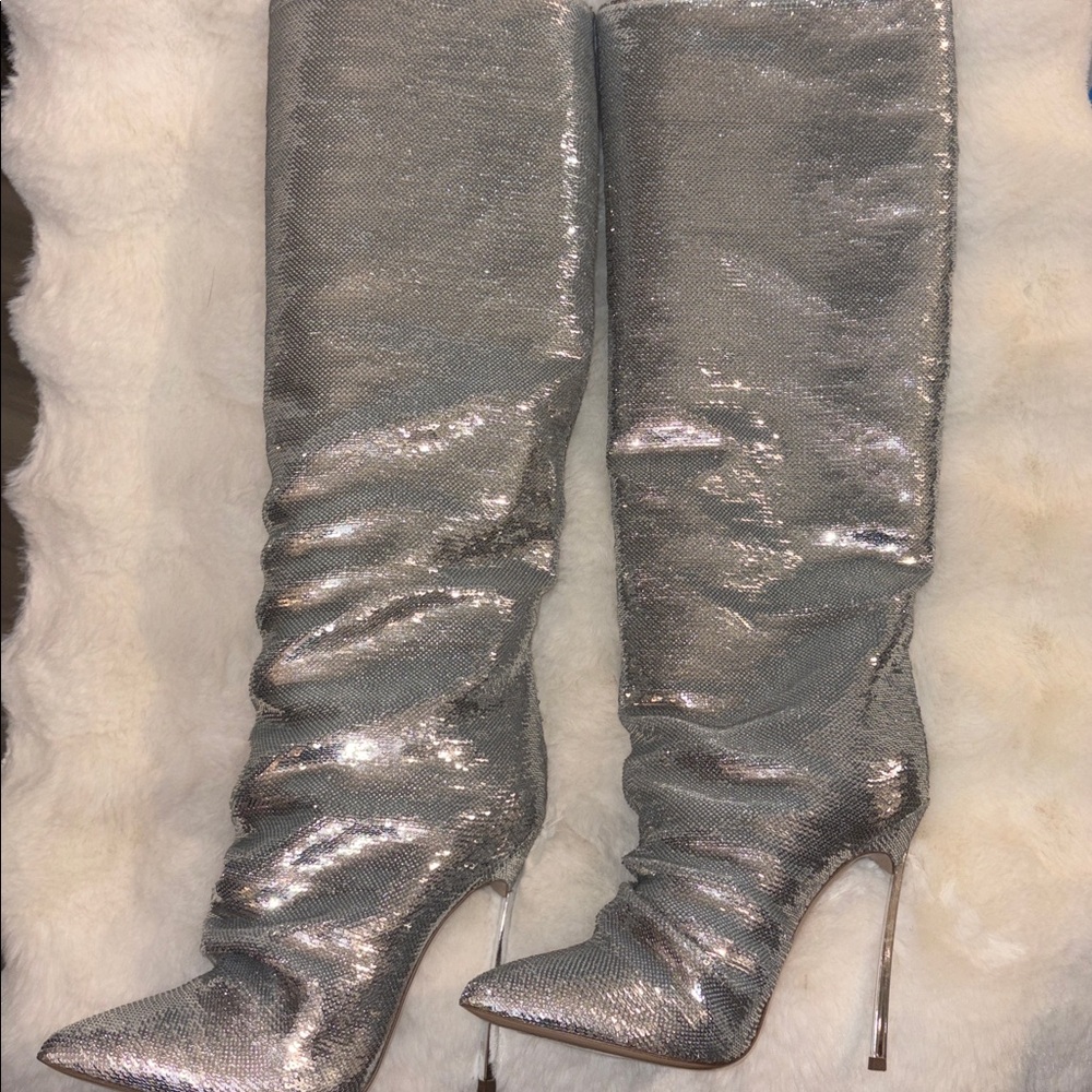 Casadei Silver Sequin Heeled Boots - Picture 2 of 6